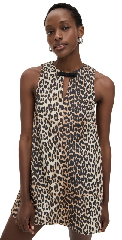 GANNI Duchesse Nylon Mini Dress Leopard