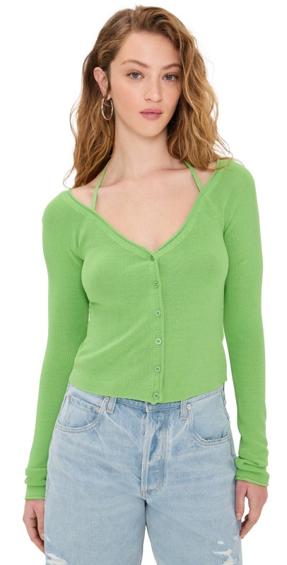 Good American Stretch Rib Knit Off Shoulder Top Lime005