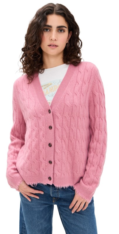 RE/DONE Cashmere Cable V Neck Cardigan Old Rose