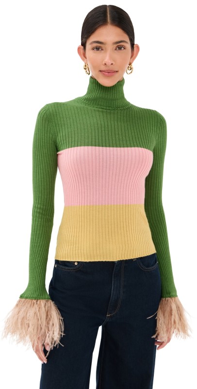 La DoubleJ High Kick Cashmere and Feather Top Military Green/Pink/Mustard