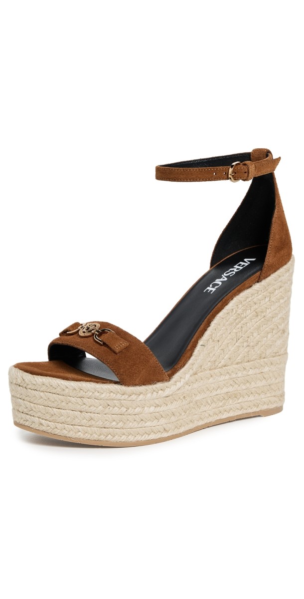 Versace Suede Leather Espadrille Wedges Spice Brown/Versace Gold