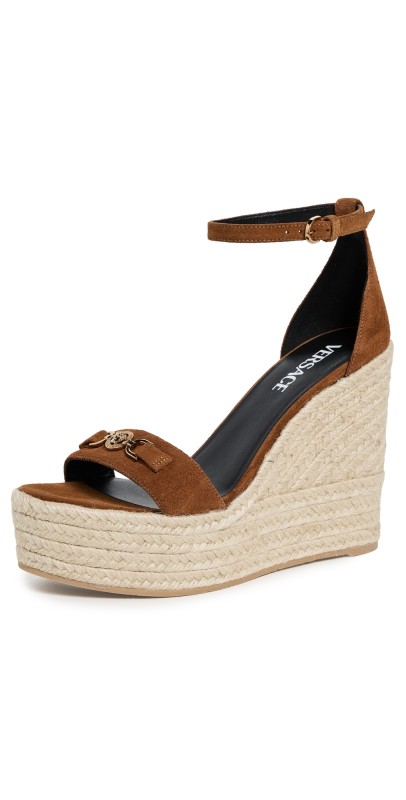 Versace Suede Leather Espadrille Wedges Spice Brown/Versace Gold