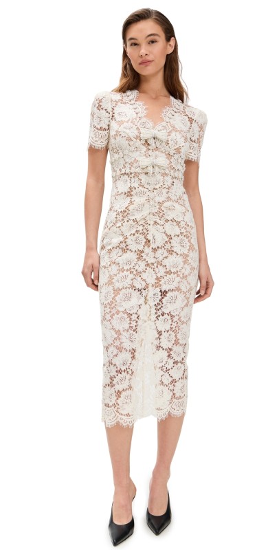 Self Portrait Cream Fine Lace Pearl Midi Dress Beige