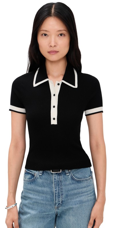alice + olivia Pia Button Down Knit Polo Black/Soft White