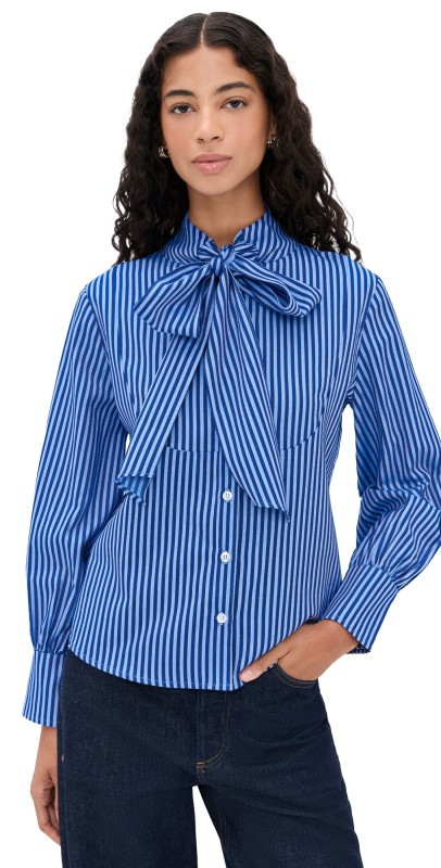 House of Aama Pussybow Shirt Blue Stripe