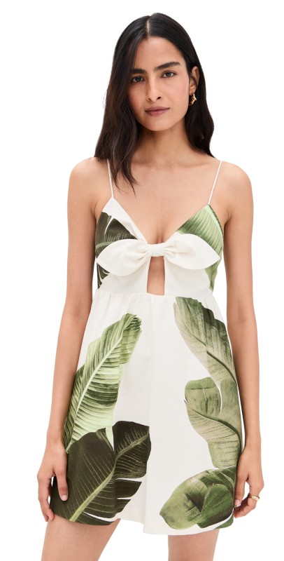 alice + olivia Melvina Tie Fit Gathered Babydoll Dress Jungle Palm Off White