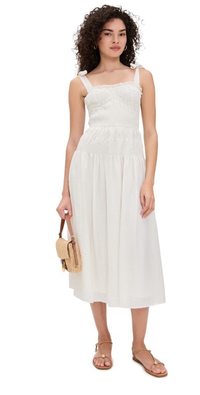 Moon River Adjustable Strap Shirred Midi Dress White