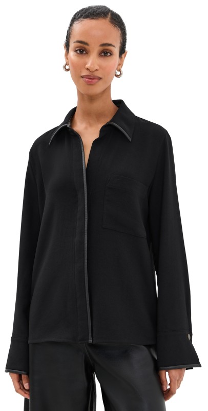 Vince Long Sleeve Blouse with Faux Leather Trim Black