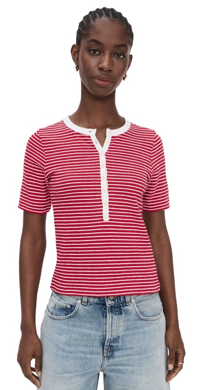 Madewell Striped Elbow-Sleeve Henley Tee Cherry Red Stripe