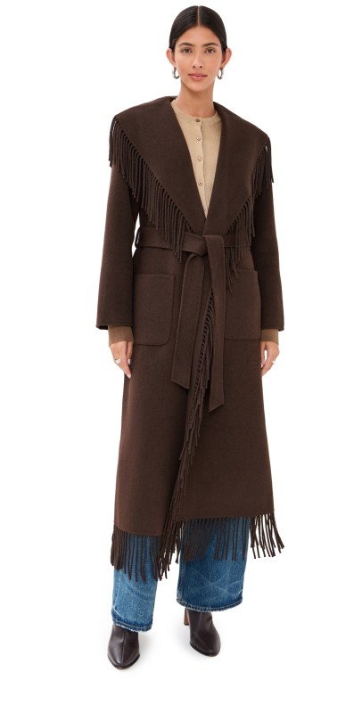 SIMKHAI Carrie Fringe Robe Coat Chocolate