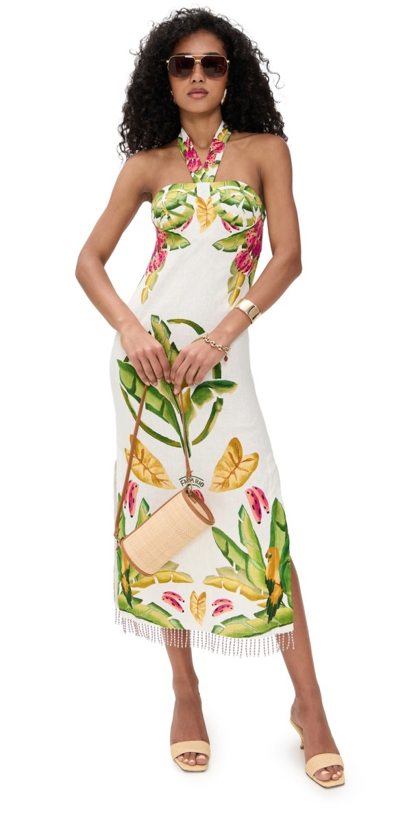 FARM Rio Summer Foliage Scarf Midi Dress Off White Multi