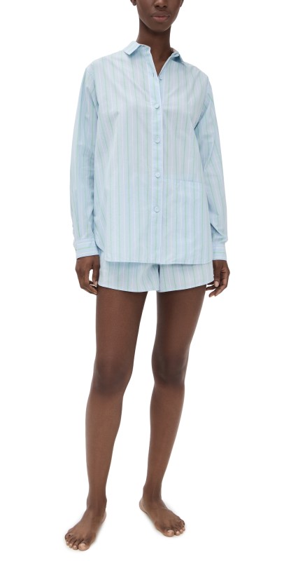 Lunya Airy Cotton Curved Hem Long Sleeve Boxer PJ Set Azure Stripe
