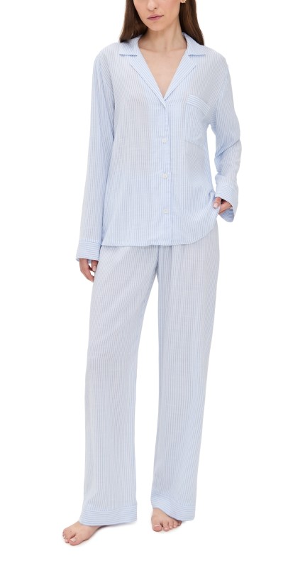 Eberjey Nautico Long PJ Set White/Cornflower Blue