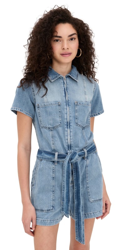 Good American Fit For Success Lite Linen Shorts Jumpsuit Indigo786