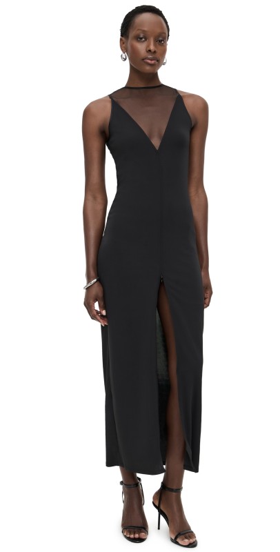 Fleur du Mal Rose Spine Embroidery High Slit Maxi Dress Black