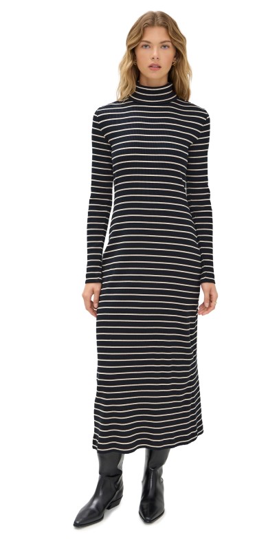 Proenza Schouler White Label Frances Dress In Stripe Rib Black/Mushroom
