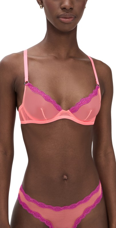 Fleur du Mal Sheer Tulle Demi Bra Neon Coral