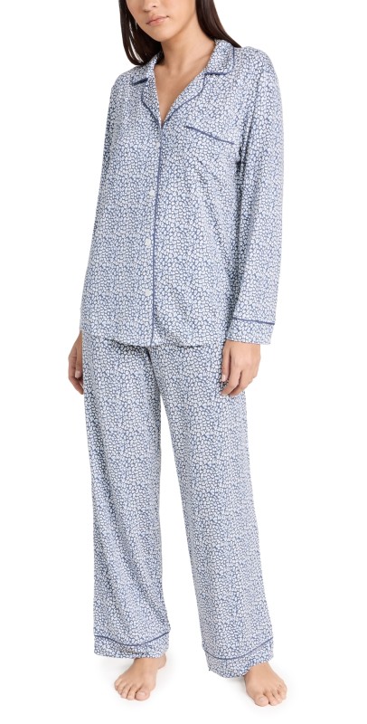 Eberjey Gisele Printed Long Pj Set Leopard Spot Nightshadow Blue