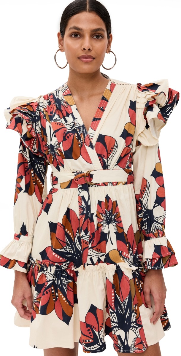 TRUTH Issa Belted V Neck Dress Leaf Print Stone Multi