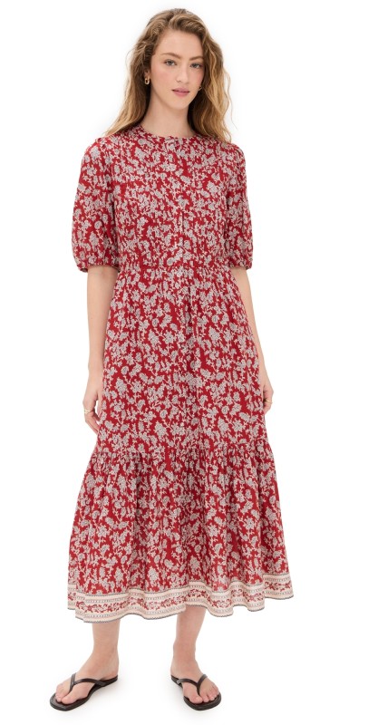 Madewell Pintucked Puff-Sleeve Midi Dress in Floral Ground Madder