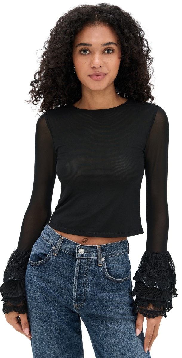 alice + olivia Delaina Crop Top with Ruffle Cuffs Black