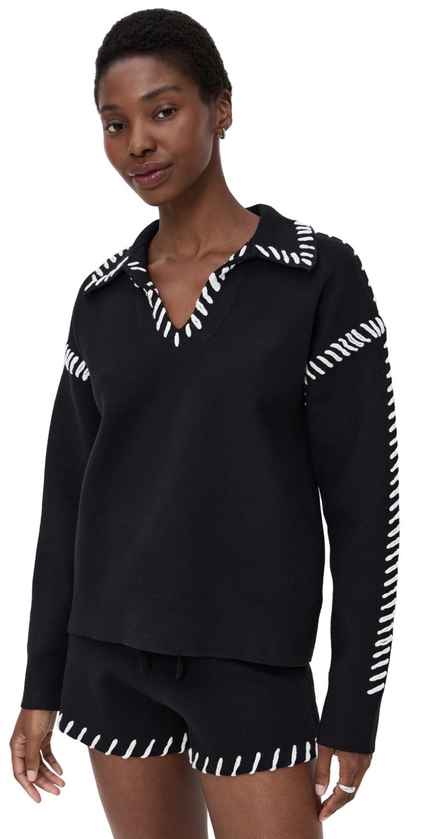 English Factory Stitch Detail Knit Collar Top Black/White