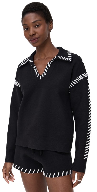 English Factory Stitch Detail Knit Collar Top Black/White