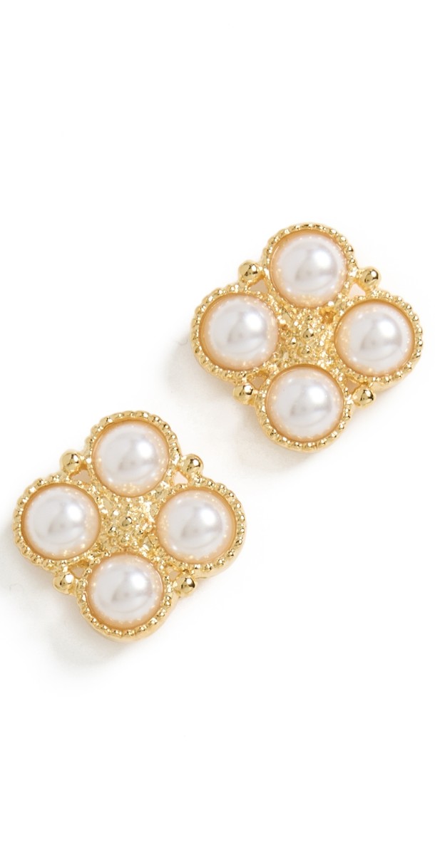 Kenneth Jay Lane Gold Post Earrings with 4 White Pearl Cabochons Gold/Pearl