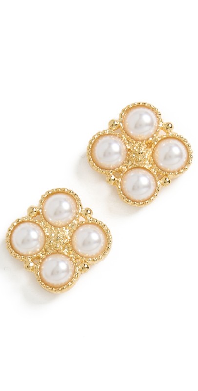 Kenneth Jay Lane Gold Post Earrings with 4 White Pearl Cabochons Gold/Pearl
