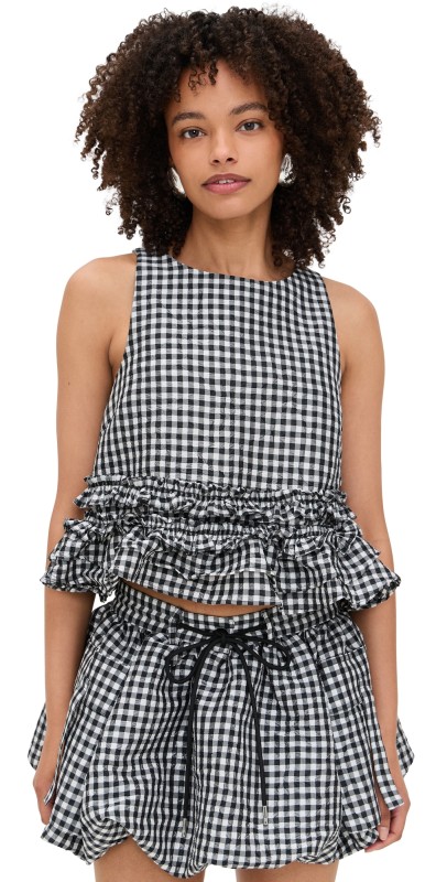 GANNI Crinkled Taffeta Check Frill Top Black