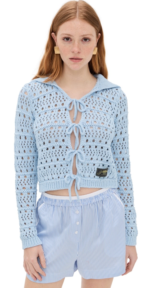 GANNI Cotton Mix Tie String Cardigan Soft Chambray