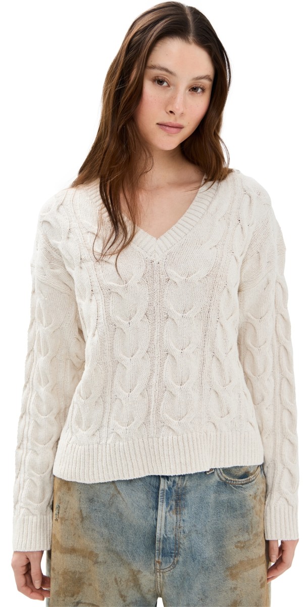 Free People Washed Cable V Neck Optic White