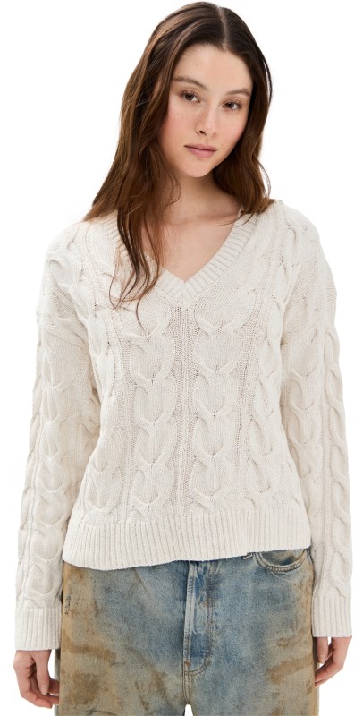 Free People Washed Cable V Neck Optic White
