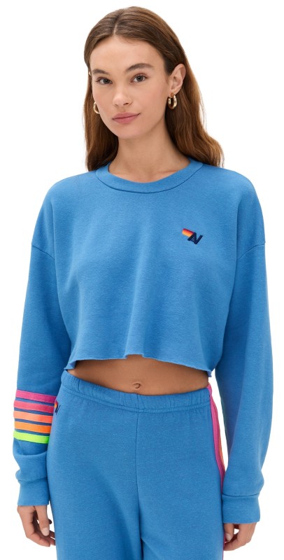Aviator Nation Rugby Stitch Cropped Crew Sweatshirt COBALT/NEON