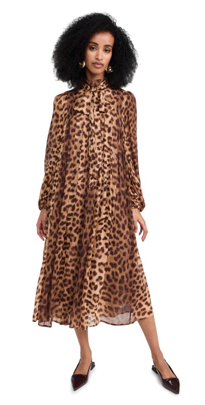 Zimmermann Crush Tie Neck Midi Dress Leopard