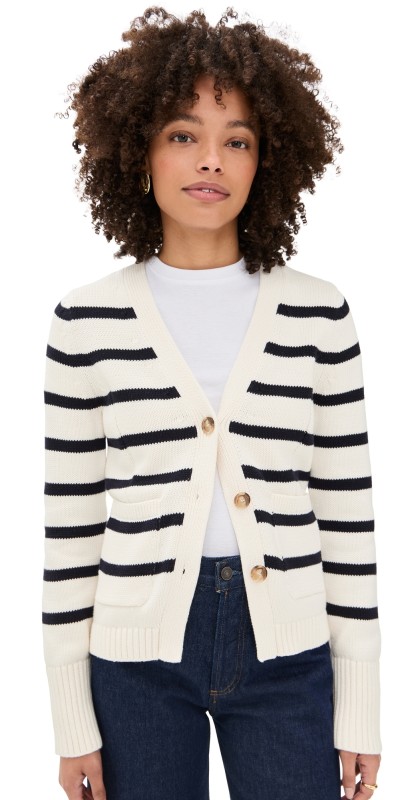 White + Warren Cotton Waisted Pocket Cardigan Ivory/Navy