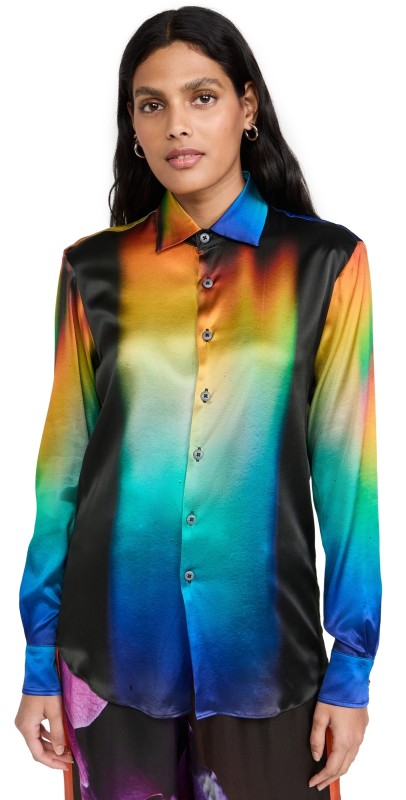 BruceGlen Blue Flame Gradient Printed Button Up Blouse Blue Flame