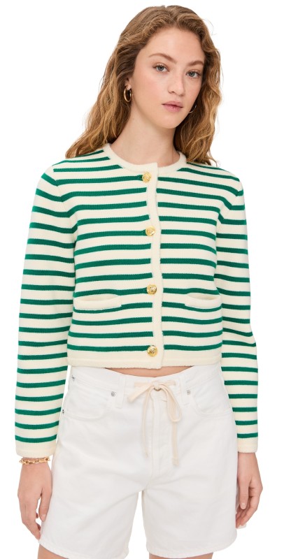 English Factory Knit Striped Sweater Cardigan White/Green