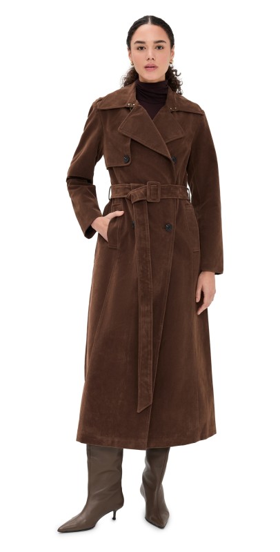 Avec Les Filles Faux Suede Maxi Trench Coat Brunette