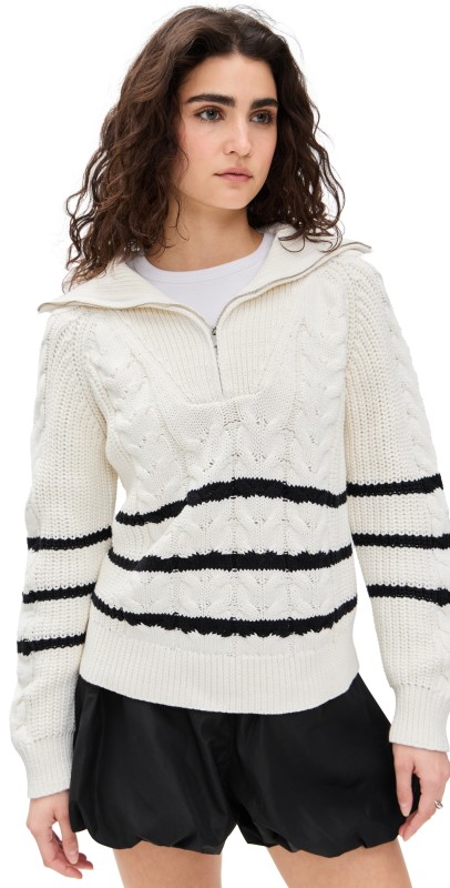 English Factory Stripe Zip Up Sweater White/Black