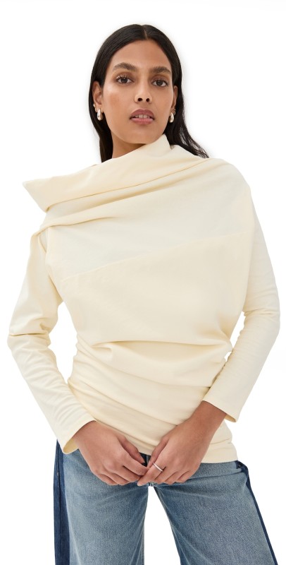 A. W.A. K.E. MODE Jersey Cowl Neck Draped Top Ivory