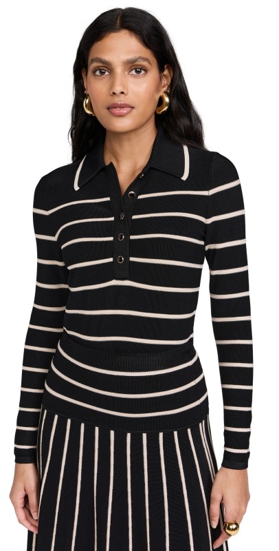 Zimmermann Crush Stripe Long Sleeve Polo Black/Cream