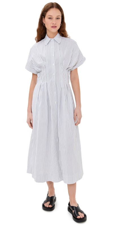 LE BOP Roberta Button Down Dress Khaki Pinstripe