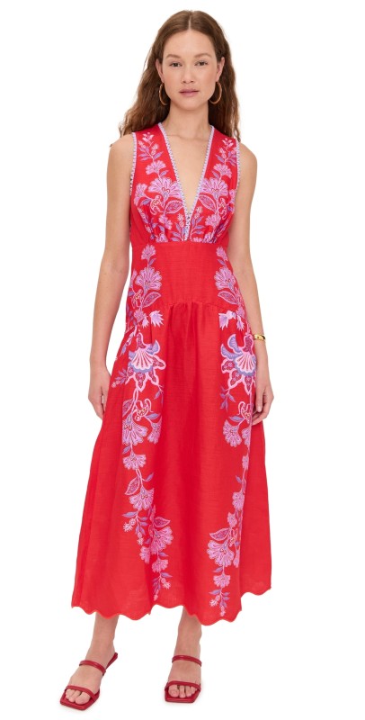 FARM Rio Porcelain Garden Red Midi Dres Porcelain Garden Red