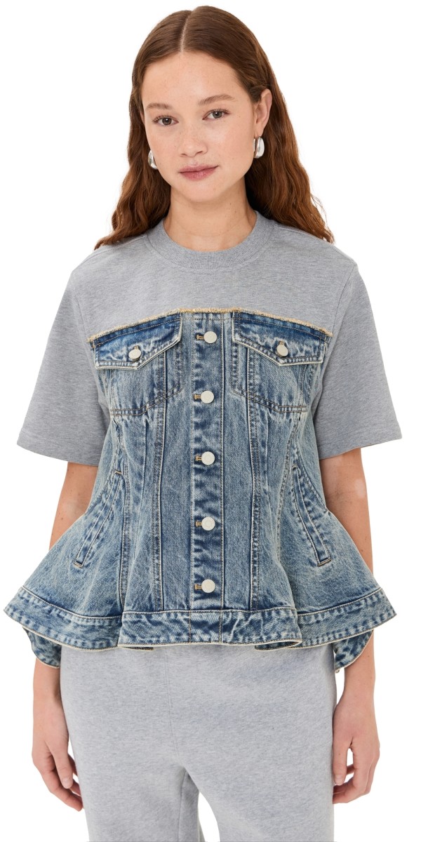 3.1 Phillip Lim Flounce Hybrid Denim Top with French Terry Combo Washed Indigo/Grey