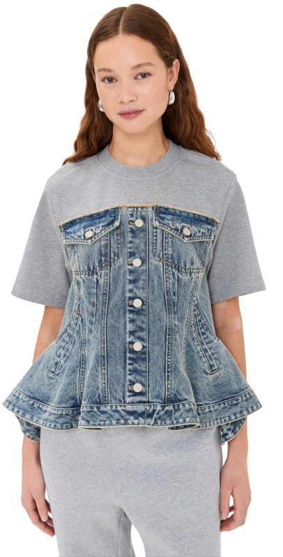 3.1 Phillip Lim Flounce Hybrid Denim Top with French Terry Combo Washed Indigo/Grey