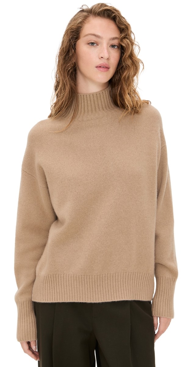 White & Warren Cashmere Oversized Standneck Sweater Khaki