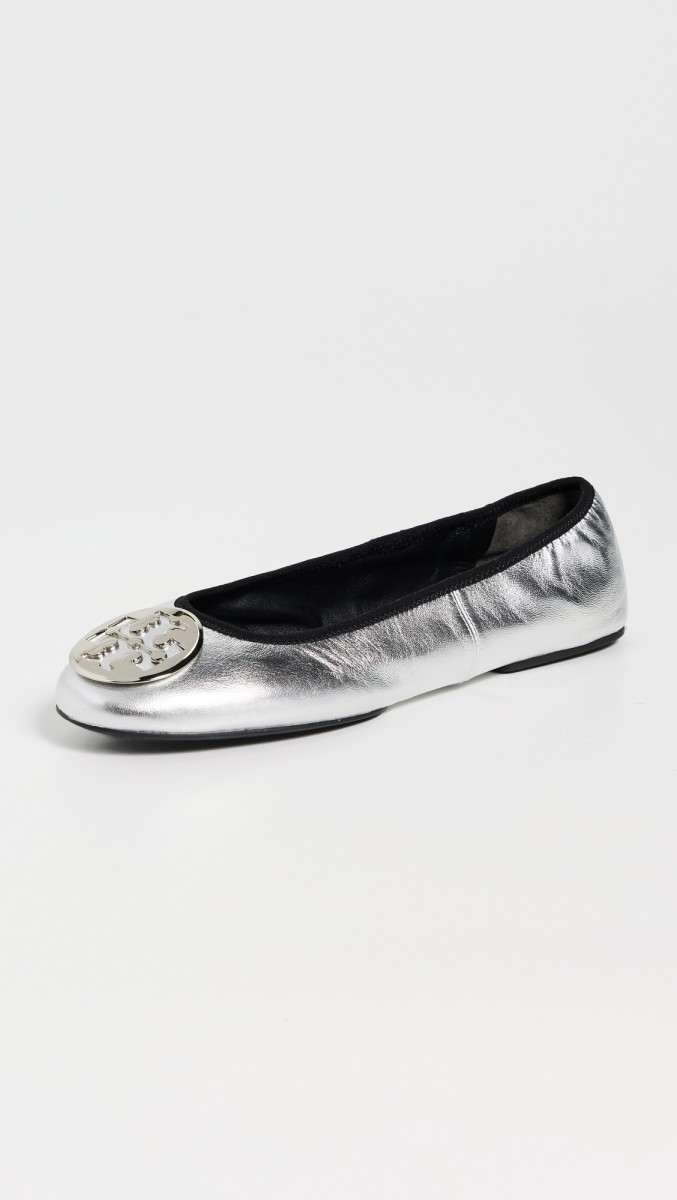 Tory Burch Reva Travel Ballet Flats Silver
