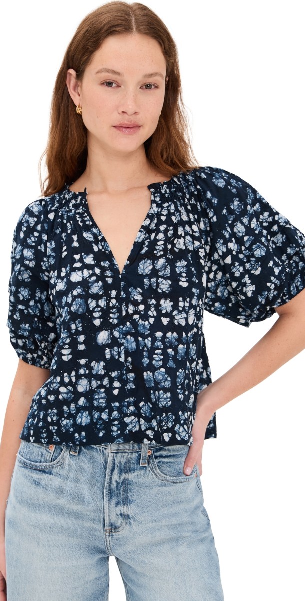 Apiece Apart Caminitas Puff Sleeve Top Batik Geo Indigo