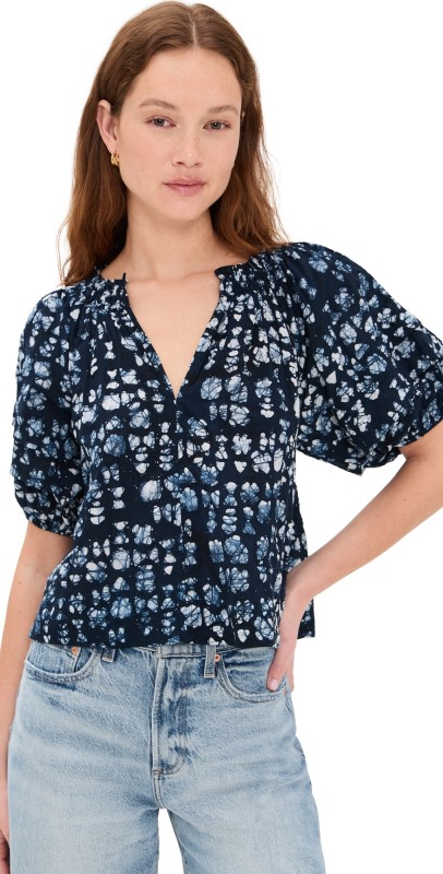 Apiece Apart Caminitas Puff Sleeve Top Batik Geo Indigo
